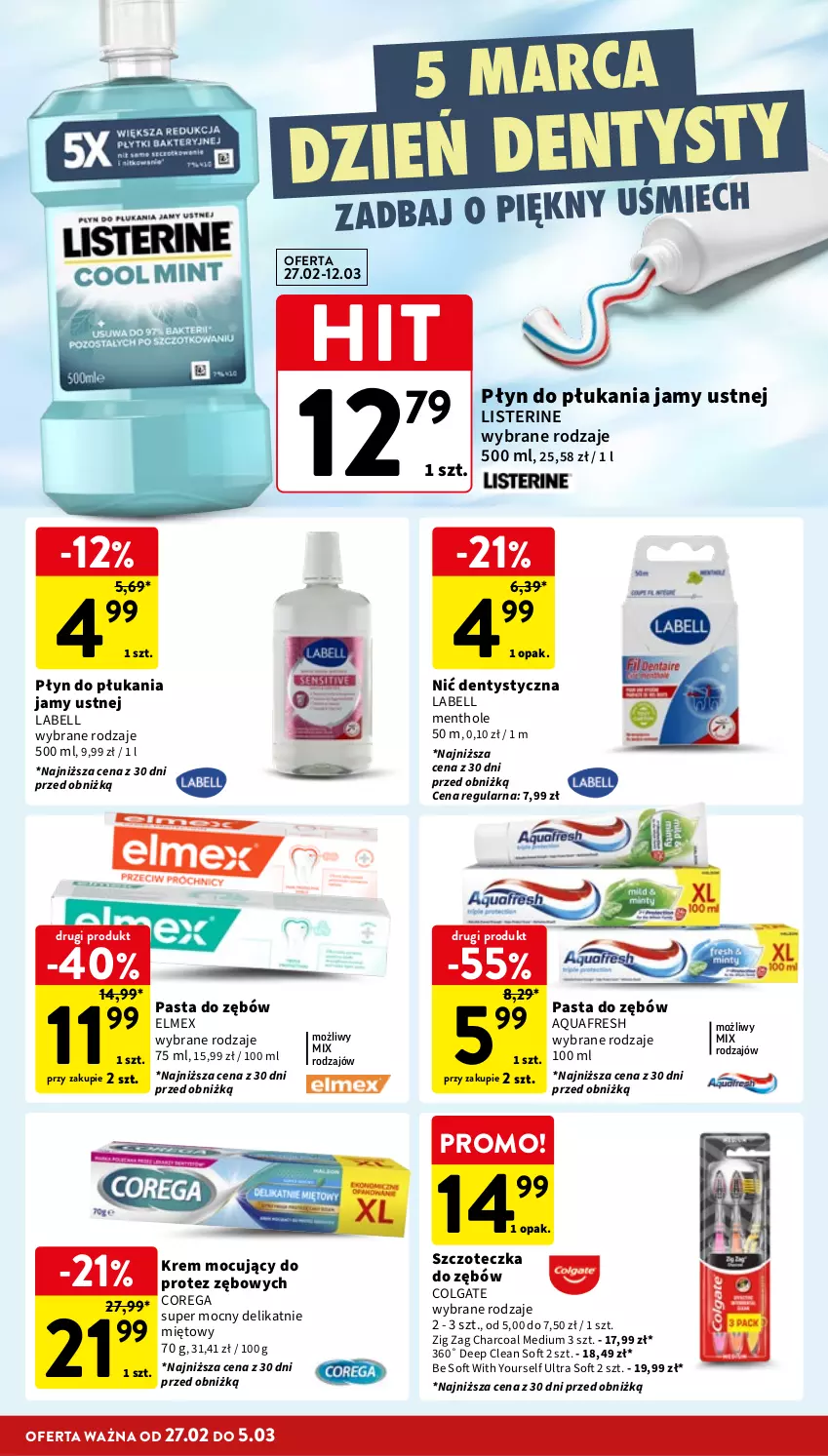 Gazetka promocyjna Intermarche - Gazetka Intermarche - ważna 27.02 do 05.03.2025 - strona 38 - produkty: Aquafresh, Bell, Colgate, Corega, Elmex, LG, Listerine, Nić dentystyczna, Pasta do zębów, Płyn do płukania, Płyn do płukania jamy ustnej, Szczoteczka, Szczoteczka do zębów