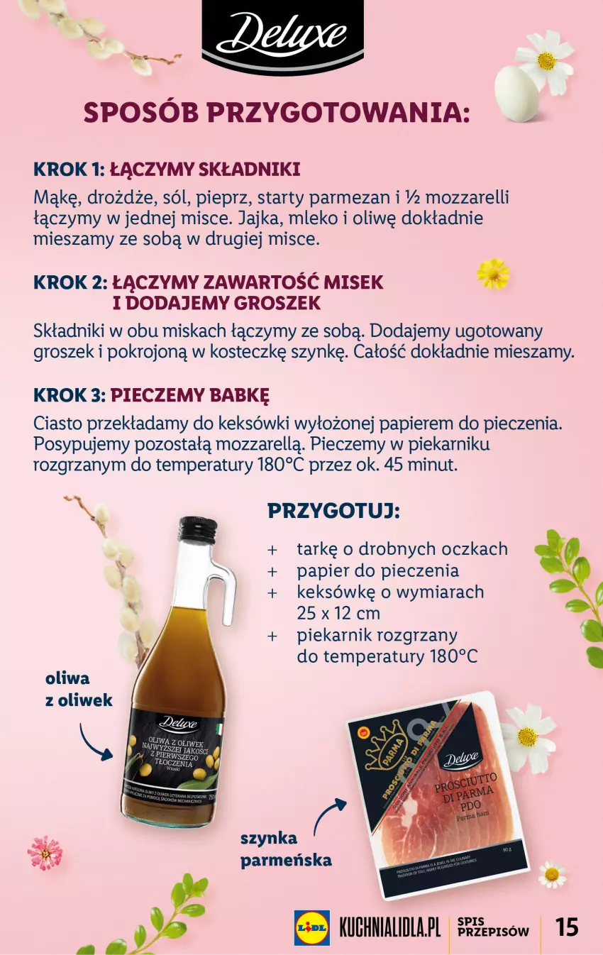 Gazetka promocyjna Lidl - KATALOG WIELKANOC - ważna 06.03 do 09.04.2023 - strona 15 - produkty: Drożdże, Groszek, Miska, Mleko, Oliwa z oliwek, Papier, Papier do pieczenia, Parmezan, Piec, Piekarnik, Pieprz, Sól, Szynka