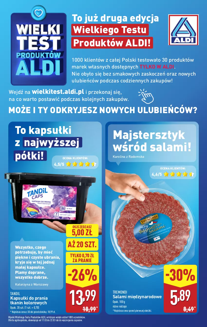 Gazetka promocyjna Aldi - Pełna oferta - ważna 17.03 do 22.03.2025 - strona 16 - produkty: Kapsułki do prania, Koc, Olej, Salami, Ubrania