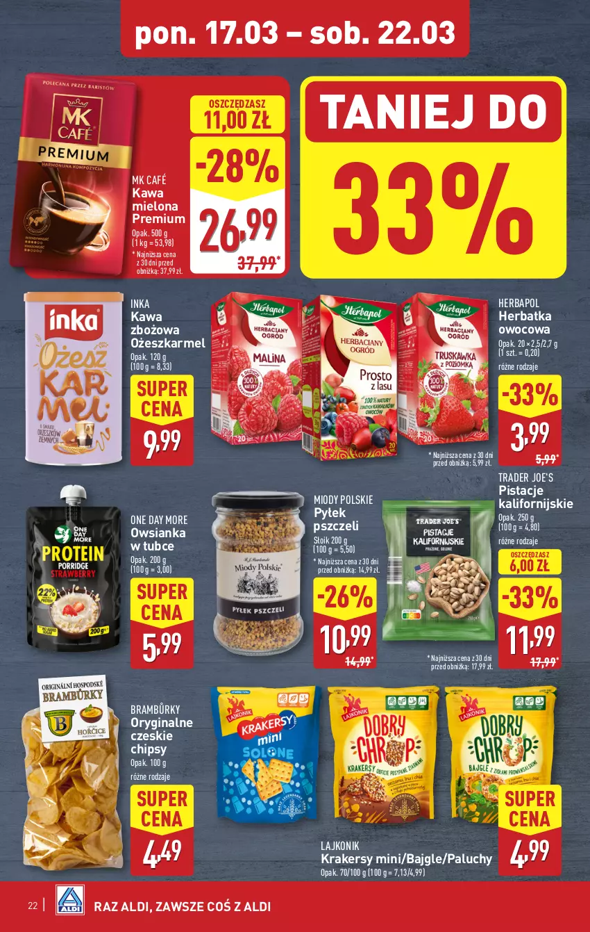 Gazetka promocyjna Aldi - Pełna oferta - ważna 17.03 do 22.03.2025 - strona 22 - produkty: Bajgle, Chipsy, Gin, Herbapol, Inka, Kawa, Kawa mielona, Kawa zbożowa, Krakersy, Lajkonik, Owsianka, Pistacje