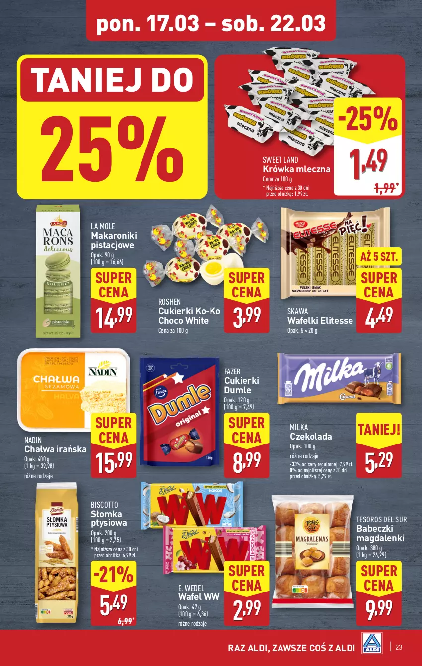 Gazetka promocyjna Aldi - Pełna oferta - ważna 17.03 do 22.03.2025 - strona 23 - produkty: Babeczki, Chałwa, Cukier, Cukierki, Czekolada, E. Wedel, Fa, Kawa, Makaron, Milka