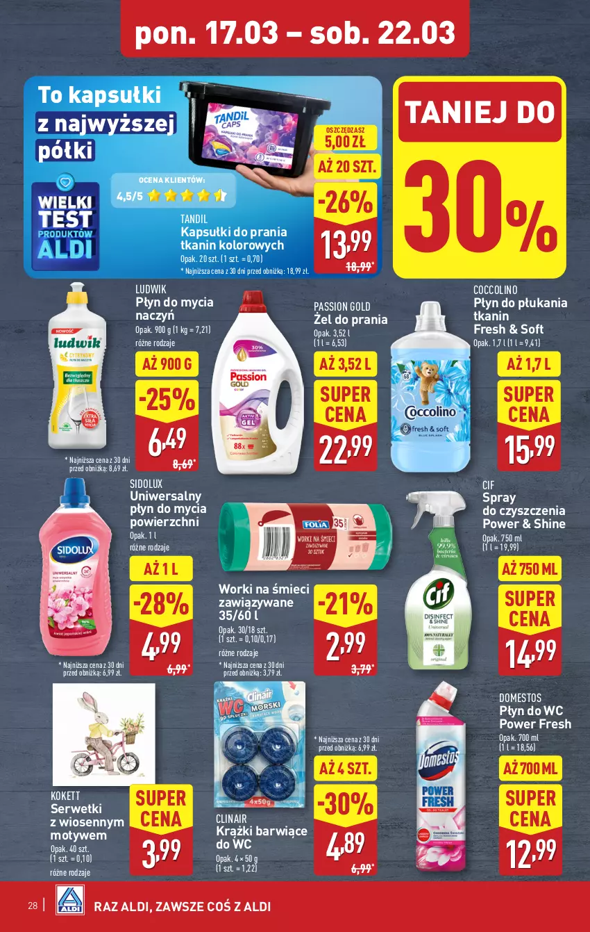 Gazetka promocyjna Aldi - Pełna oferta - ważna 17.03 do 22.03.2025 - strona 28 - produkty: Cif, Clin, Coccolino, Do mycia naczyń, Domestos, Kapsułki do prania, Ludwik, Płyn do mycia, Płyn do mycia naczyń, Płyn do płukania, Płyn do wc, Ser, Serwetki, Sidolux, Spray do czyszczenia, Worki na śmiec, Worki na śmieci