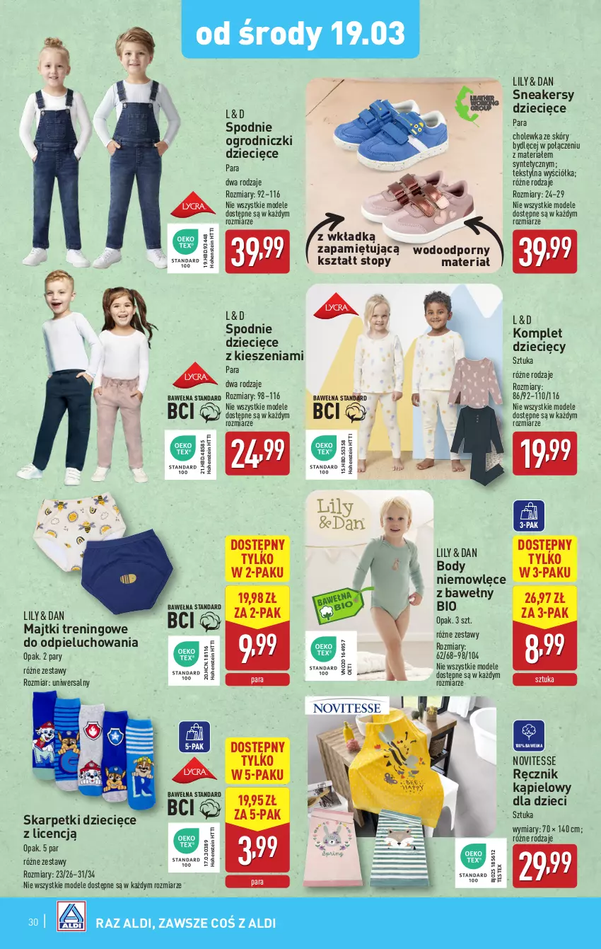 Gazetka promocyjna Aldi - Pełna oferta - ważna 17.03 do 22.03.2025 - strona 30 - produkty: Body, Dzieci, Karp, Majtki, Por, Ręcznik, Ręcznik kąpielowy, Skarpetki, Sneakersy, Spodnie, Top, Wełna