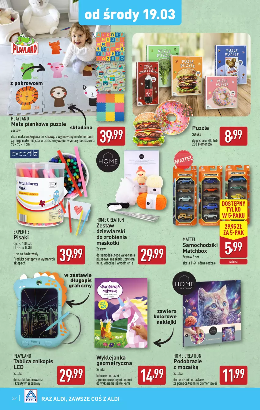 Gazetka promocyjna Aldi - Pełna oferta - ważna 17.03 do 22.03.2025 - strona 32 - produkty: Chodzik, Długopis, Gra, Klej, Mata podłogowa, Mattel, Obraz, Puzzle, Samochodziki, Tusz, Znikopis