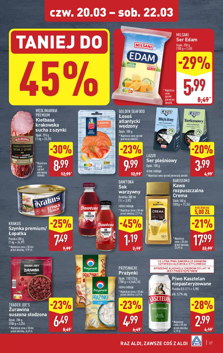 Gazetka promocyjna Aldi - Pełna oferta - ważna 17.03 do 22.03.2025 - strona 37 - produkty: Dawtona, Edam, Golden Seafood, Gra, Kasztelan, Kawa, Kawa rozpuszczalna, Kiełbasa, Kiełbasa krakowska, Krakus, Lazur, Piwa, Piwo, Przysnacki, Ser, Ser pleśniowy, Sok, Szynka, Szynka premium