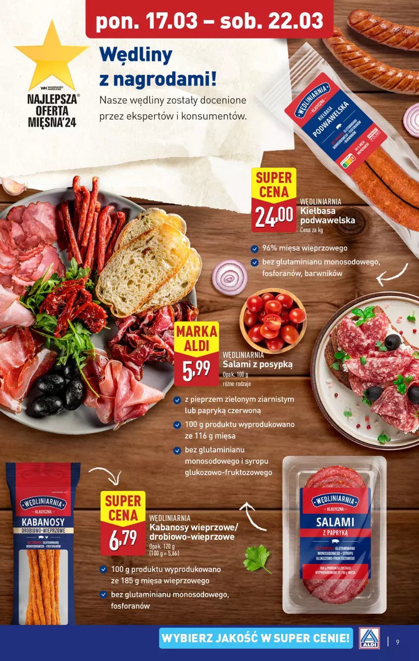 Gazetka promocyjna Aldi - Pełna oferta - ważna 17.03 do 22.03.2025 - strona 9 - produkty: Kabanos, Kiełbasa, Kiełbasa podwawelska, Salami, Wawel