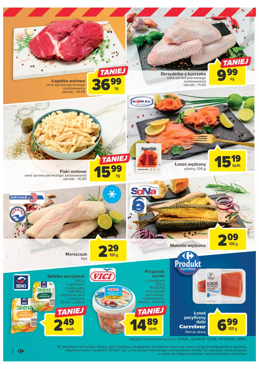 Gazetka promocyjna Carrefour - Gazetka Targ świeżości - ważna 24.04 do 30.04.2023 - strona 2 - produkty: Flaki, Flaki wołowe, Kurczak, Sałat, Sałatka, Sałatka warzywna, SEKO, Skrzydełka z kurczaka, Surimi