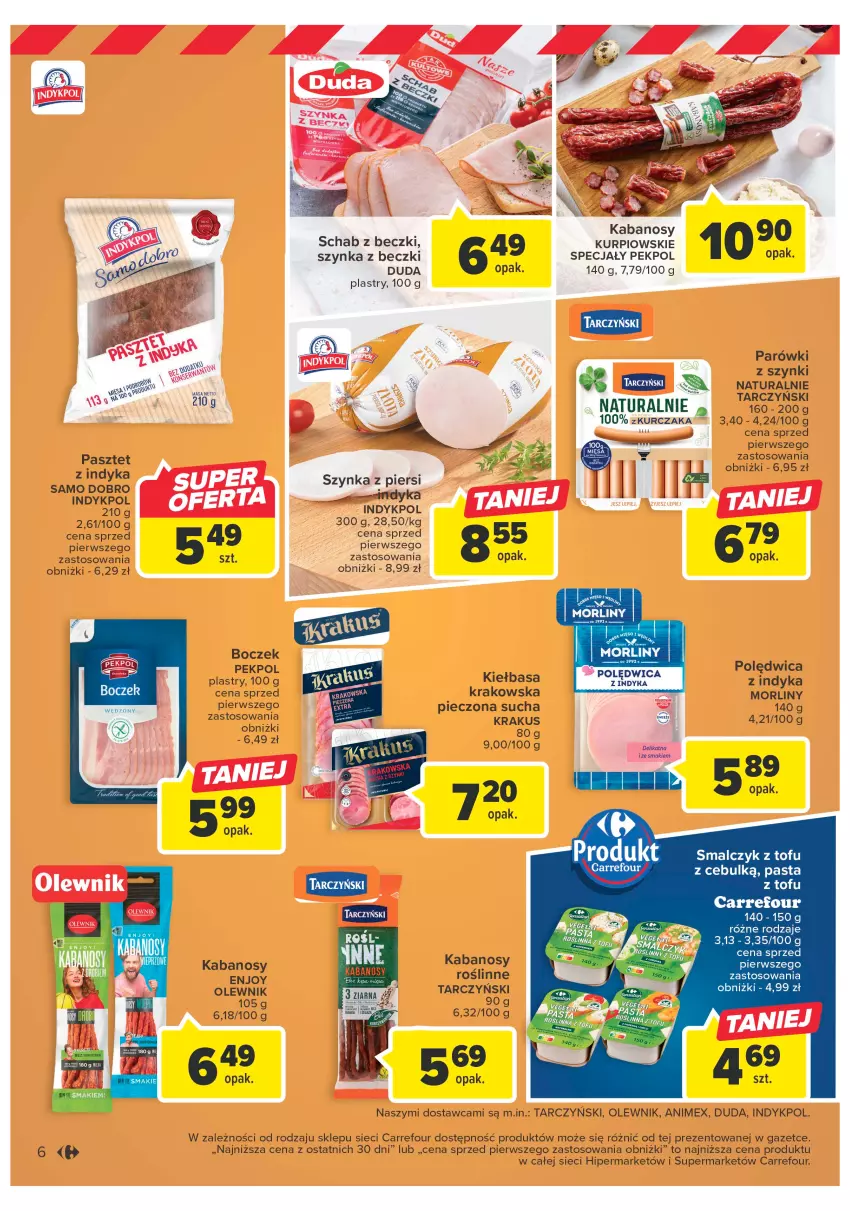 Gazetka promocyjna Carrefour - Gazetka Targ świeżości - ważna 24.04 do 30.04.2023 - strona 6 - produkty: Boczek, Duda, Kabanos, Kiełbasa, Kiełbasa krakowska, Krakus, Morliny, Olewnik, Parówki, Parówki z szynki, Pasztet, Pasztet z indyka, Pekpol, Piec, Polędwica, Szynka, Szynka z beczki, Tarczyński, Tofu