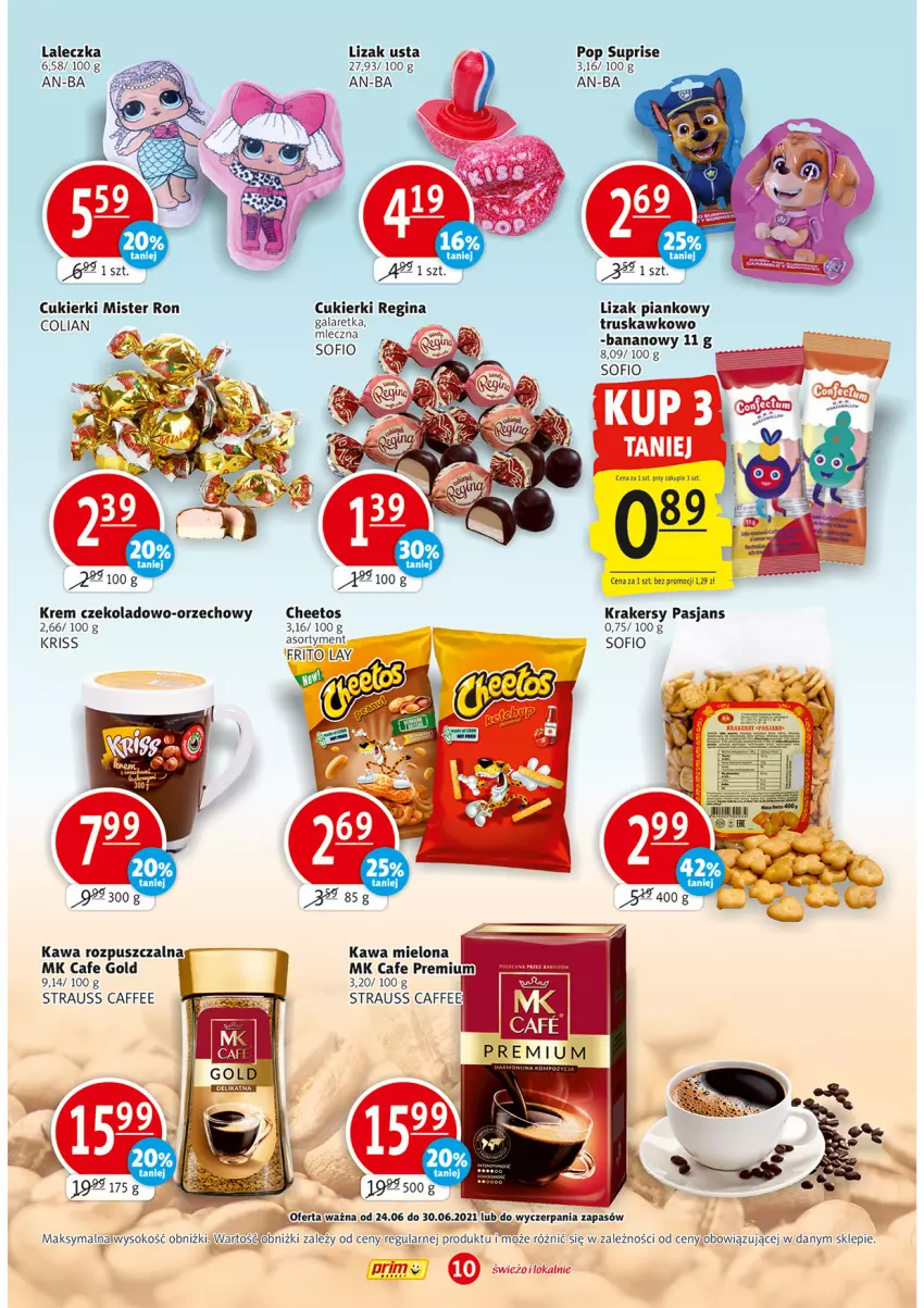 Gazetka promocyjna Prim Market - Gazetka - ważna 24.06 do 30.06.2021 - strona 10 - produkty: Cheetos, Cukier, Cukierki, Gin, Kawa, Kawa mielona, Kawa rozpuszczalna, Krakersy