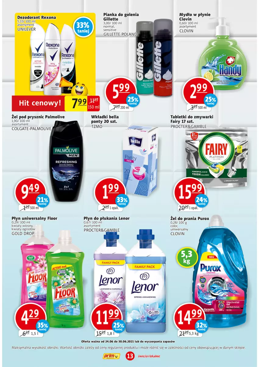 Gazetka promocyjna Prim Market - Gazetka - ważna 24.06 do 30.06.2021 - strona 13 - produkty: Bell, Bella, Colgate, Dezodorant, Fa, Fairy, Gillette, Lenor, LG, Lovi, Mydło, Mydło w płynie, Palmolive, Pianka do golenia, Płyn do płukania, Pur, Rexona, Sok, Tablet, Tabletki do zmywarki, Wkładki, Zmywarki