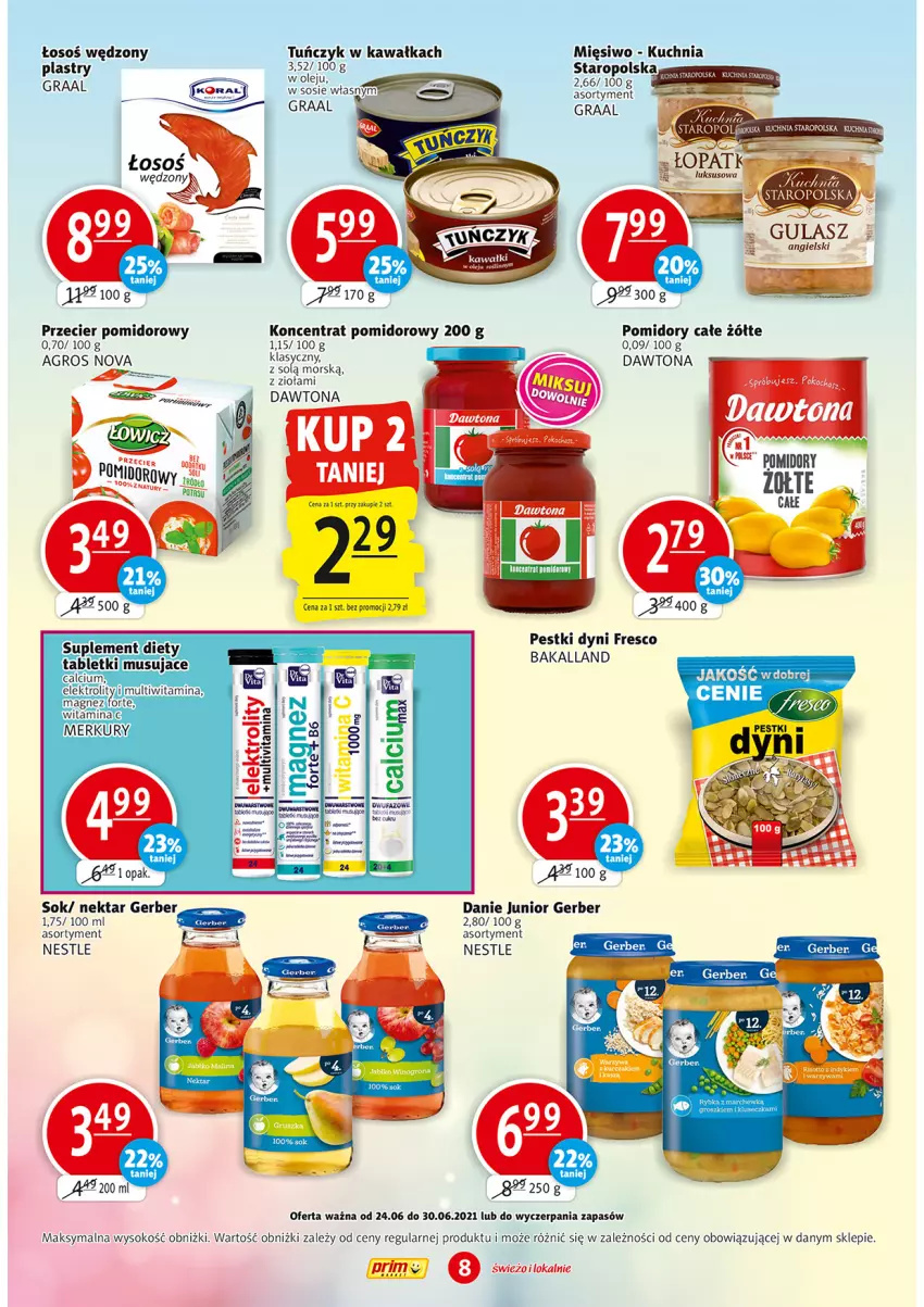 Gazetka promocyjna Prim Market - Gazetka - ważna 24.06 do 30.06.2021 - strona 8 - produkty: Bakalland, Dawtona, Fresco, Gerber, Gra, Graal, Kawa, Koncentrat pomidorowy, Kuchnia, Nektar, Olej, Pestki dyni, Pomidory, Sok, Sos, Tuńczyk