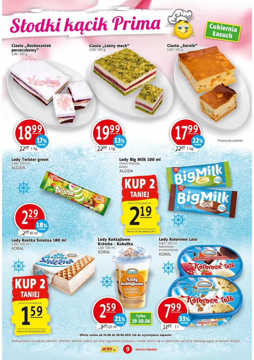 Gazetka promocyjna Prim Market - Gazetka - ważna 24.06 do 30.06.2021 - strona 9 - produkty: Algida, Big Milk, Kosz, LG, Lody, Por, Prima, Sok