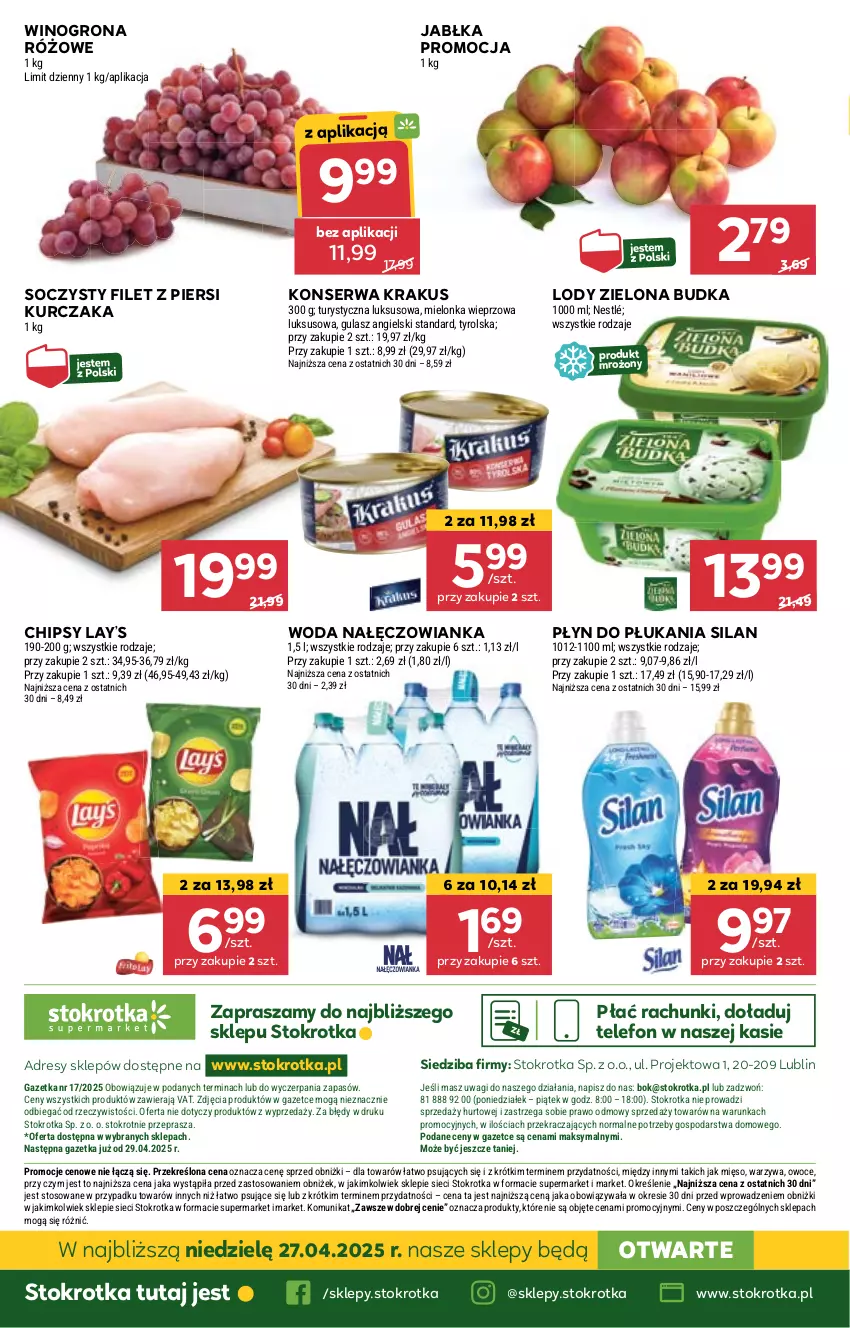 Gazetka promocyjna Stokrotka - Supermarket - ważna 23.04 do 28.04.2025 - strona 39 - produkty: Chipsy, Dres, Filet z piersi kurczaka, Jabłka, JBL, Krakus, Kurczak, Lay’s, Lody, Mięso, Nałęczowianka, Nestlé, O nas, Owoce, Płyn do płukania, Ser, Silan, Telefon, Wagi, Warzywa, Wino, Winogrona, Woda, Zielona Budka
