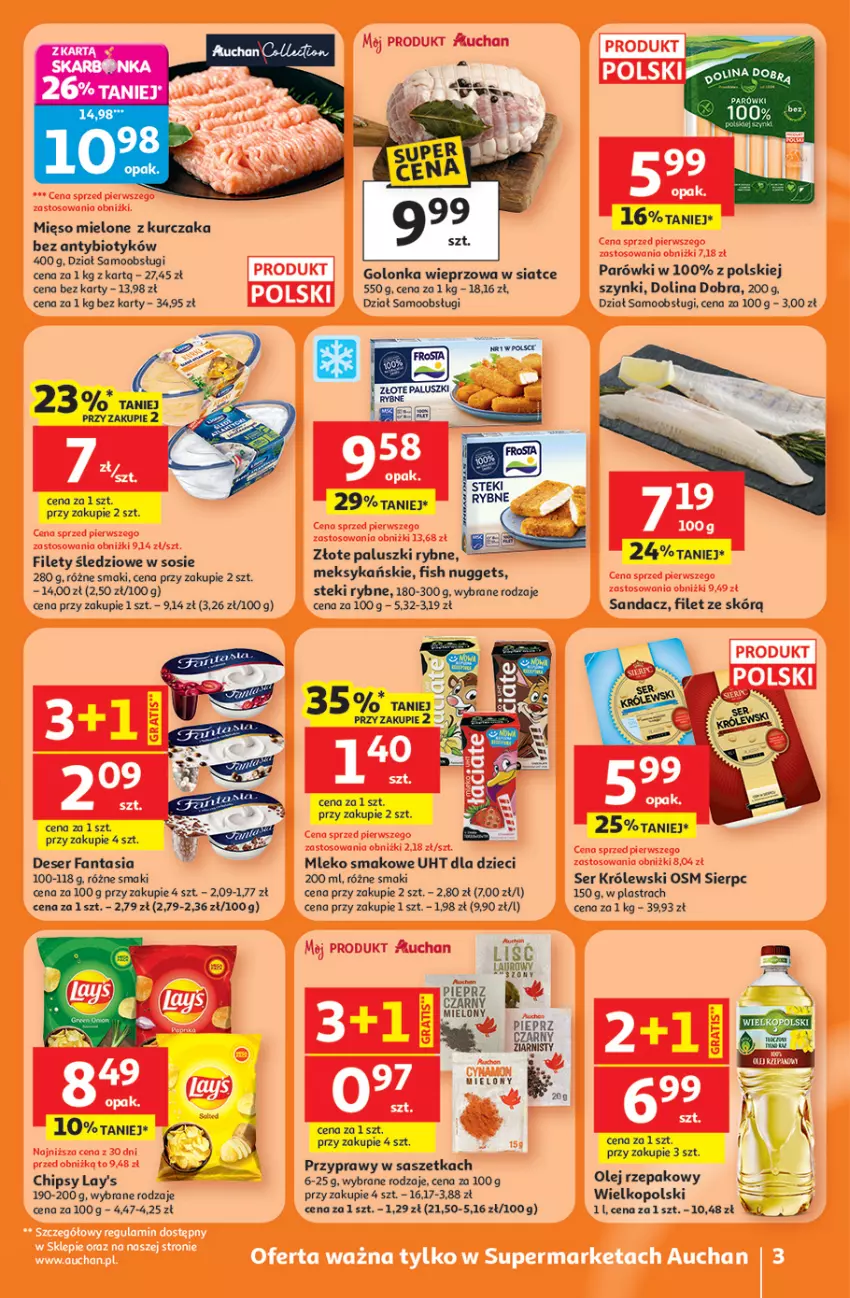 Gazetka promocyjna Auchan - Gazetka 30 Lat Supermarket Auchan Franczyza - ważna 26.02 do 04.03.2026 - strona 3 - produkty: Chipsy, Deser, Dzieci, Fa, Fanta, Golonka wieprzowa, Królewski, Kurczak, Mleko, Mleko smakowe, Olej, Olej rzepakowy, Paluszki rybne, Parówki, Przyprawy, Sandacz, Ser, Stek