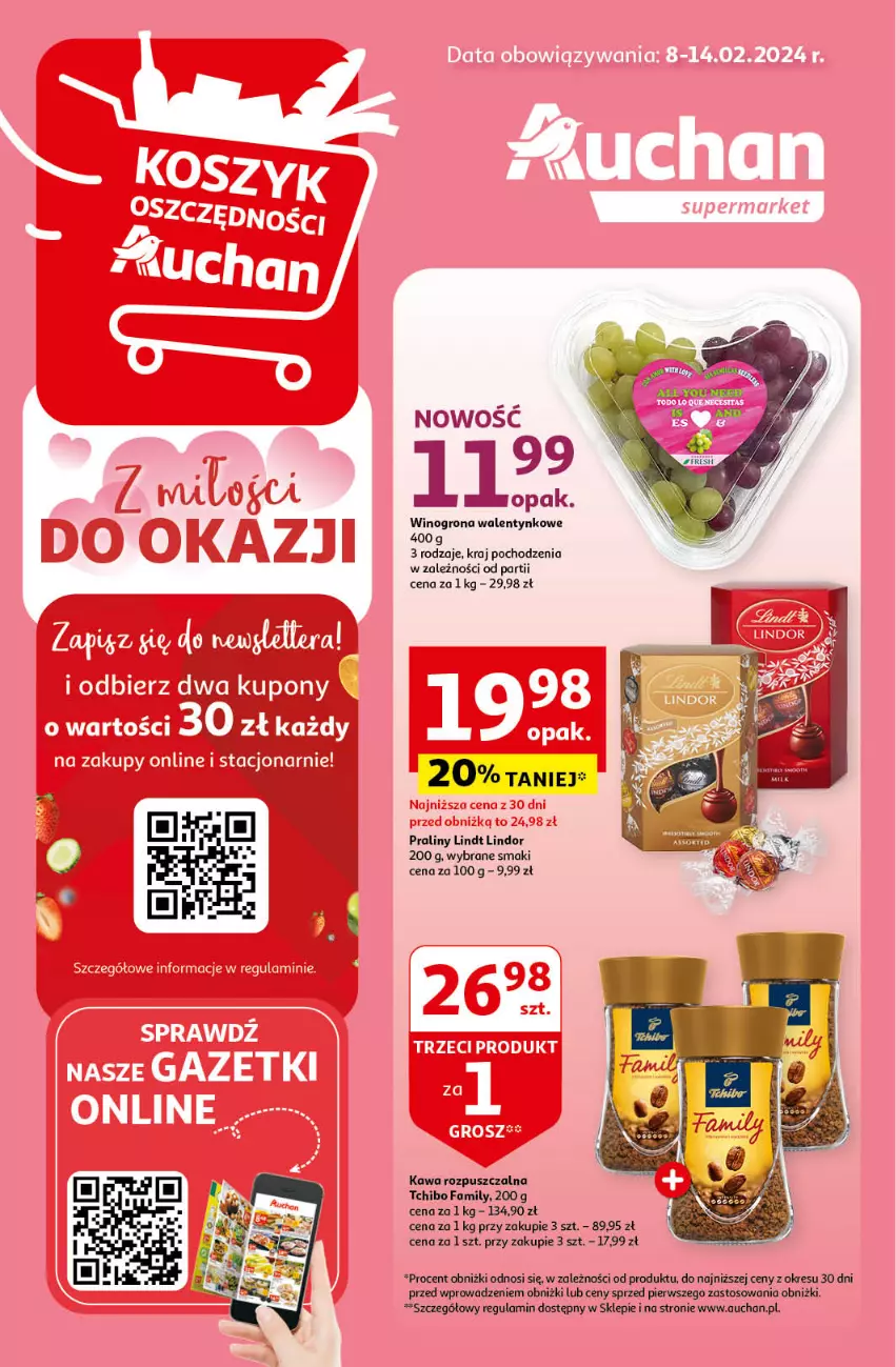 Gazetka promocyjna Auchan - Gazetka Z miłości do okazji Supermarket Auchan - ważna 08.02 do 14.02.2024 - strona 1 - produkty: Fa, Kawa, Kawa rozpuszczalna, Lindor, Lindt, Praliny, Tchibo, Tchibo Family, Wino, Winogrona