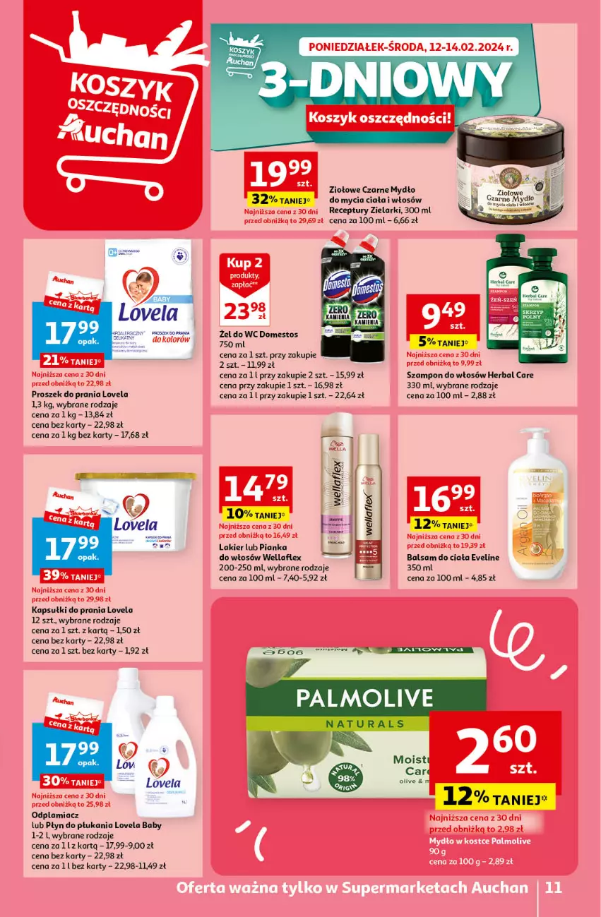 Gazetka promocyjna Auchan - Gazetka Z miłości do okazji Supermarket Auchan - ważna 08.02 do 14.02.2024 - strona 11 - produkty: Balsam do ciała, Domestos, Eveline, Fa, Kapsułki do prania, Lakier, Lovela, Mydło, Odplamiacz, Płyn do płukania, Proszek do prania, Skrzyp polny, Szampon, Wella