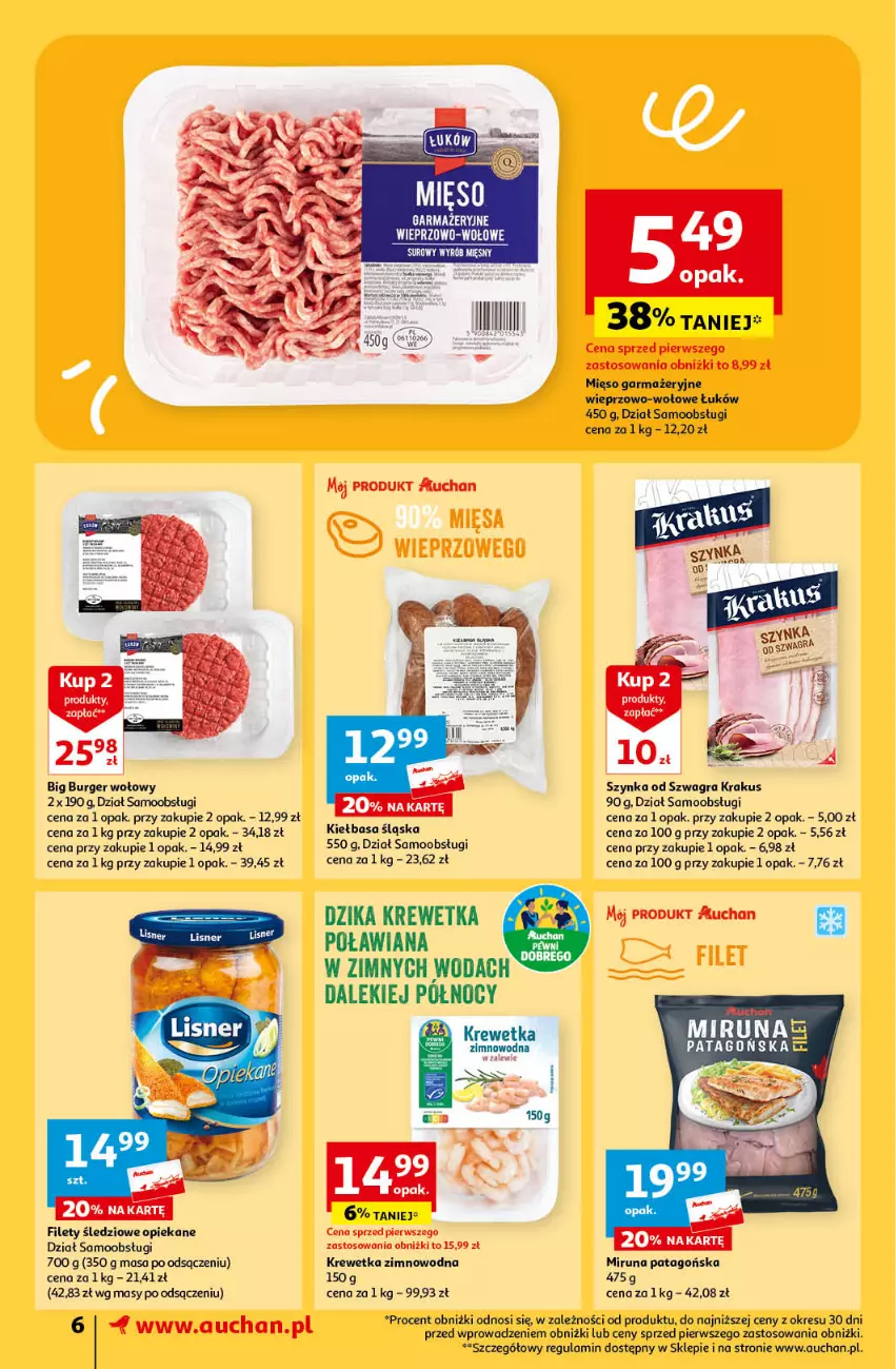 Gazetka promocyjna Auchan - Gazetka Z miłości do okazji Supermarket Auchan - ważna 08.02 do 14.02.2024 - strona 6 - produkty: Burger, Gra, Kiełbasa, Kiełbasa śląska, Krakus, Mięso, Mięso garmażeryjne, Miruna, Szyna, Szynka, Tago, Woda