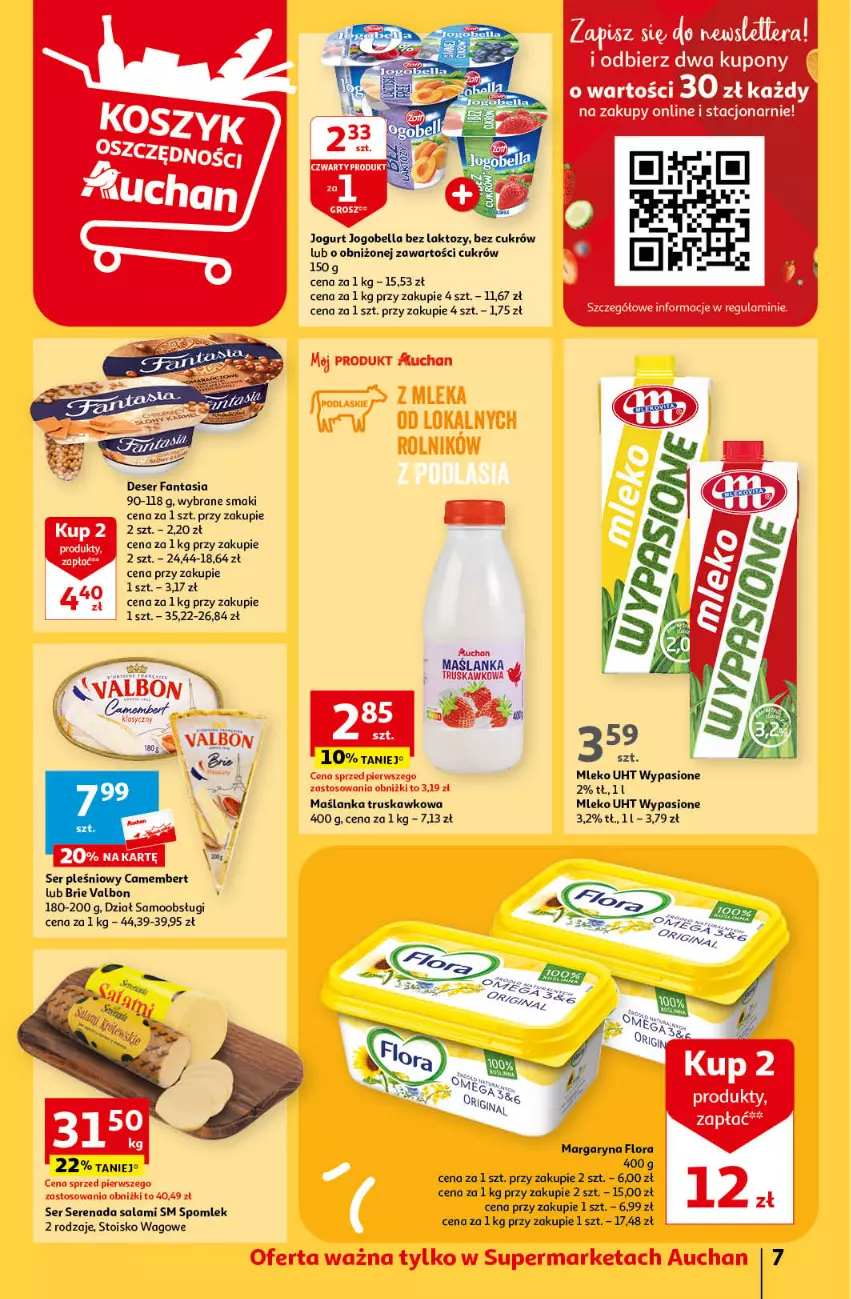 Gazetka promocyjna Auchan - Gazetka Z miłości do okazji Supermarket Auchan - ważna 08.02 do 14.02.2024 - strona 7 - produkty: Bell, Bella, Brie, Camembert, Deser, Fa, Fanta, Flora, Jogobella, Jogurt, Margaryna, Maślanka, Mleko, Salami, Ser, Ser pleśniowy