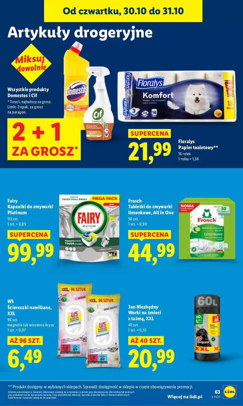 Gazetka promocyjna Lidl - GAZETKA - ważna 30.10 do 31.10.2025 - strona 65 - produkty: Bryza, Cif, Domestos, Fa, Fairy, Flora, Frosch, Jan Niezbędny, Papier, Papier toaletowy, Tablet, Tabletki do zmywarki, Worki na śmiec, Worki na śmieci, Zmywarki