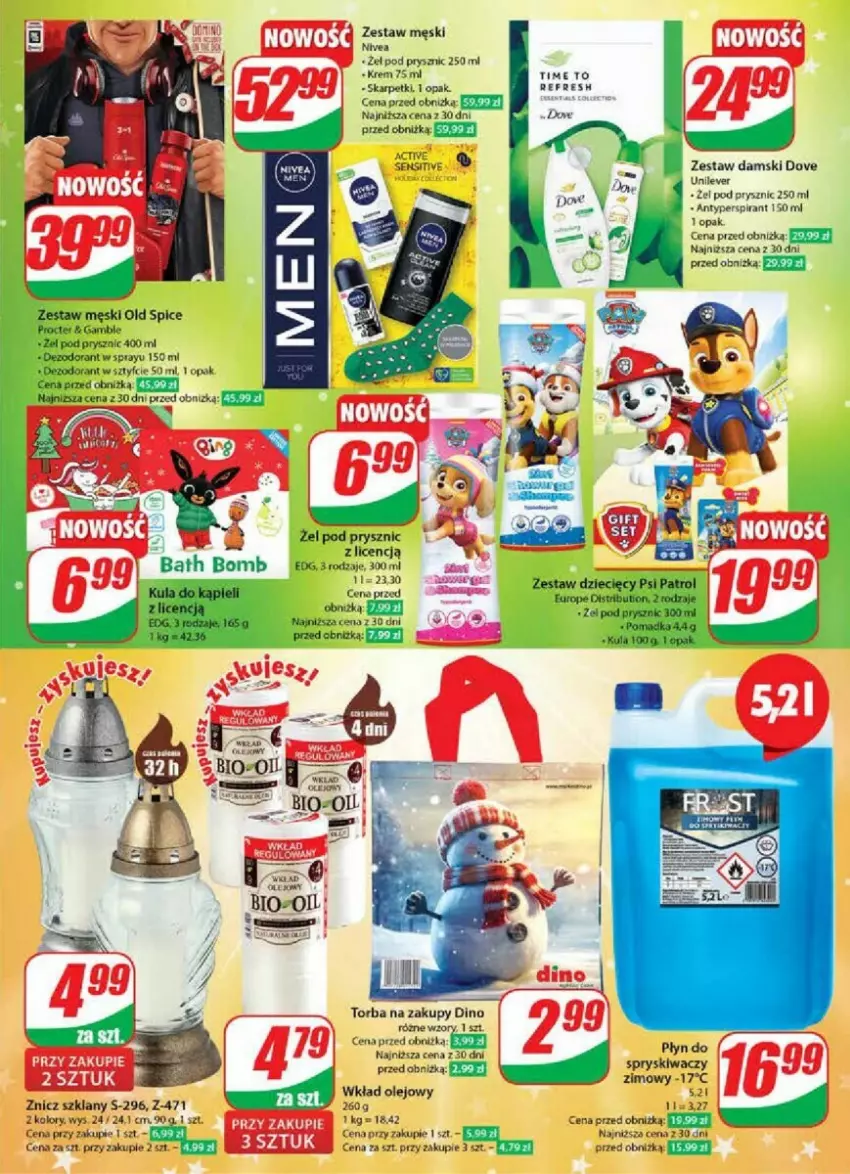 Gazetka promocyjna Dino - ważna 06.12 do 12.12.2023 - strona 18 - produkty: Antyperspirant, Dezodorant, Dove, Dzieci, Karp, Nivea, Old Spice, Olej, Por, Psi Patrol, Ryż, Skarpetki, Torba, Torba na zakupy, Wkład olejowy, Znicz