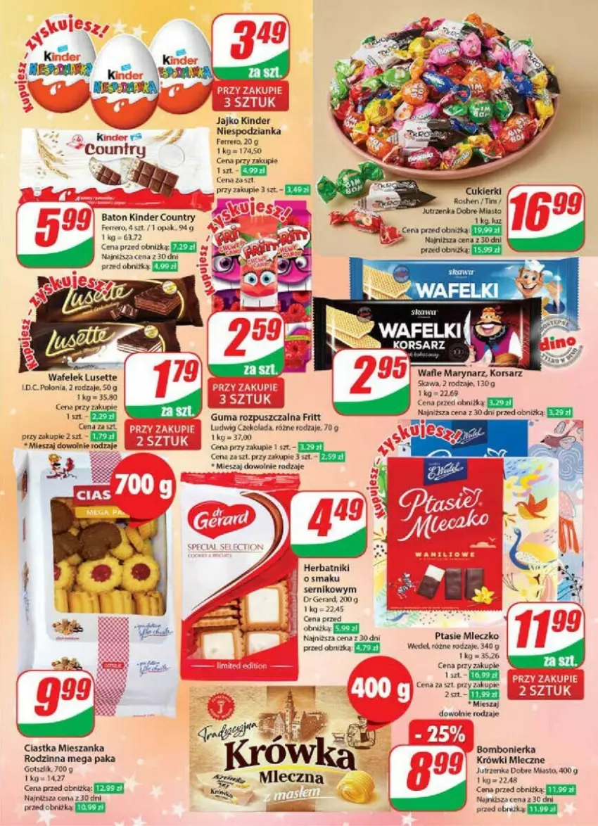 Gazetka promocyjna Dino - ważna 06.12 do 12.12.2023 - strona 22 - produkty: Baton, Ciastka, Czekolada, Dr Gerard, Ferrero, Guma rozpuszczalna, Herbatniki, Jutrzenka, Kawa, Kinder, Krówki mleczne, Miecz, Mleczko, Ptasie mleczko, Ser, Wafelek, Wafle