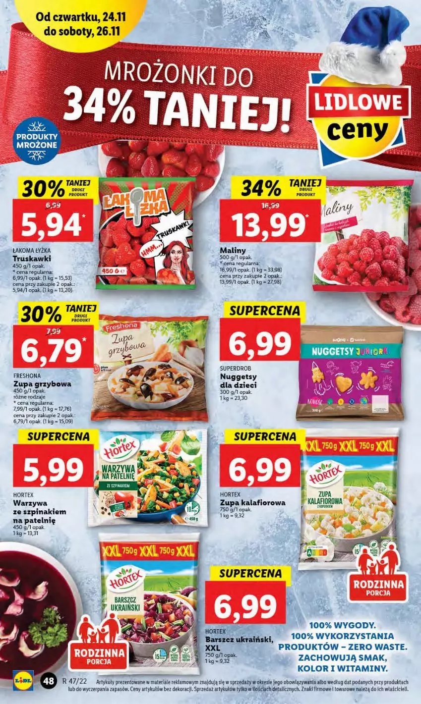 Gazetka promocyjna Lidl - GAZETKA - ważna 24.11 do 26.11.2022 - strona 50 - produkty: Dzieci, Hortex, Kalafior, LANA, Maliny, Szpinak, Truskawki, Warzywa, Zupa, Zupa kalafiorowa