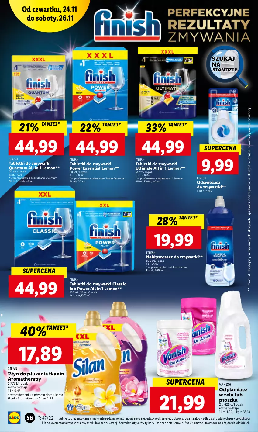 Gazetka promocyjna Lidl - GAZETKA - ważna 24.11 do 26.11.2022 - strona 58 - produkty: Finish, Odplamiacz, Odświeżacz do zmywarki, Płyn do płukania, Por, Silan, Tablet, Tabletki do zmywarki, Vanish, Zmywarki