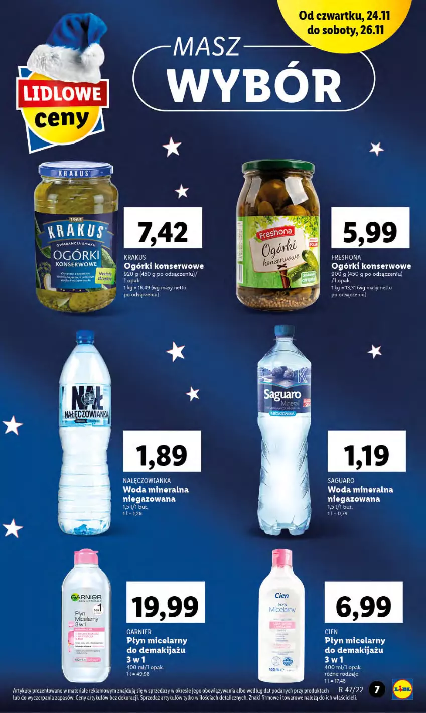 Gazetka promocyjna Lidl - GAZETKA - ważna 24.11 do 26.11.2022 - strona 7 - produkty: Krakus, Makijaż, Ogórki konserwowe, Płyn micelarny, Ser, Woda, Woda mineralna