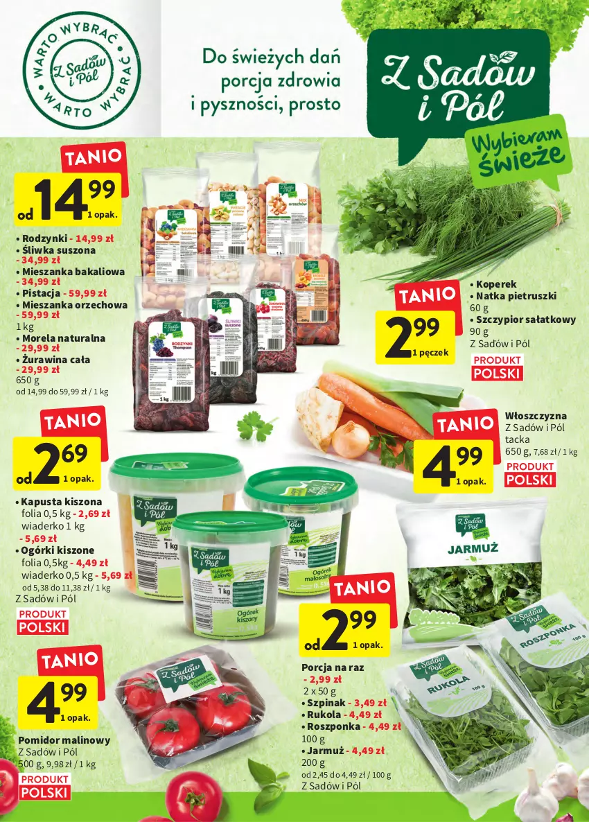 Gazetka promocyjna Intermarche - Gazetka Intermarche - ważna 29.09 do 05.10.2022 - strona 14 - produkty: Jarmuż, Mieszanka bakaliowa, Mieszanka orzechowa, Morela, Natka pietruszki, Pomidor malinowy, Por, Rodzynki, Roszponka, Rukola, Sałat, Szpinak