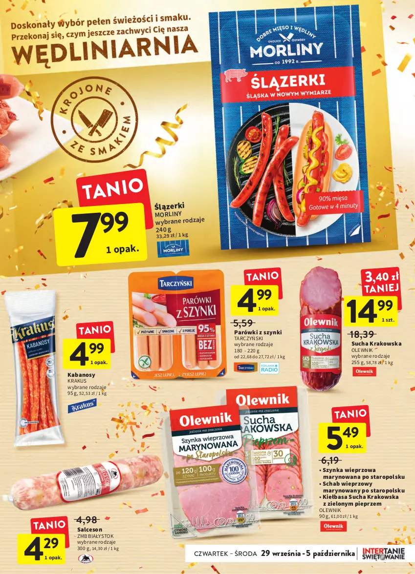 Gazetka promocyjna Intermarche - Gazetka Intermarche - ważna 29.09 do 05.10.2022 - strona 19 - produkty: Kabanos, Kiełbasa, Krakus, Morliny, Olewnik, Parówki, Parówki z szynki, Pieprz, Salceson, Schab wieprzowy, Szynka, Szynka wieprzowa, Tarczyński