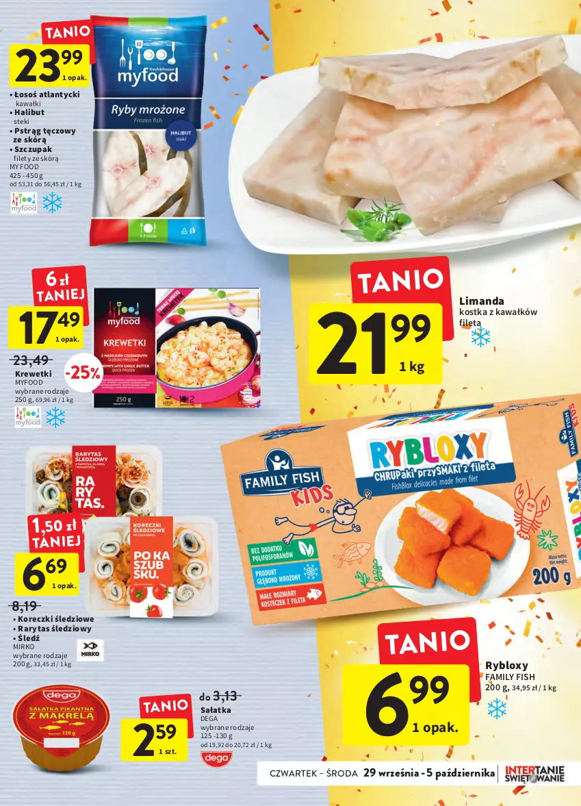 Gazetka promocyjna Intermarche - Gazetka Intermarche - ważna 29.09 do 05.10.2022 - strona 21 - produkty: Dega, Fa, Halibut, Kawa, Koreczki śledziowe, Krewetki, Pstrąg, Pstrąg tęczowy, Sałat, Sałatka, Stek, Zupa