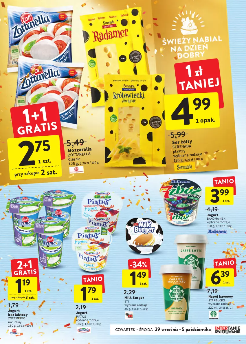 Gazetka promocyjna Intermarche - Gazetka Intermarche - ważna 29.09 do 05.10.2022 - strona 23 - produkty: Bakoma, Burger, Jogurt, Mozzarella, Napój, Ser, Zott, Zott Primo, Zottarella