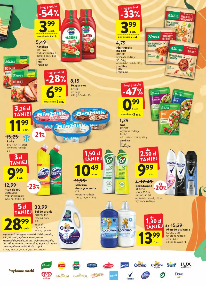 Gazetka promocyjna Intermarche - Gazetka Intermarche - ważna 29.09 do 05.10.2022 - strona 29 - produkty: Big Milk, Cif, Coccolino, Dezodorant, Domestos, Kapsułki do prania, Ketchup, Knorr, Lack, Lody, Mleczko, Płyn do płukania, Płyn do wc, Rexona, Sos