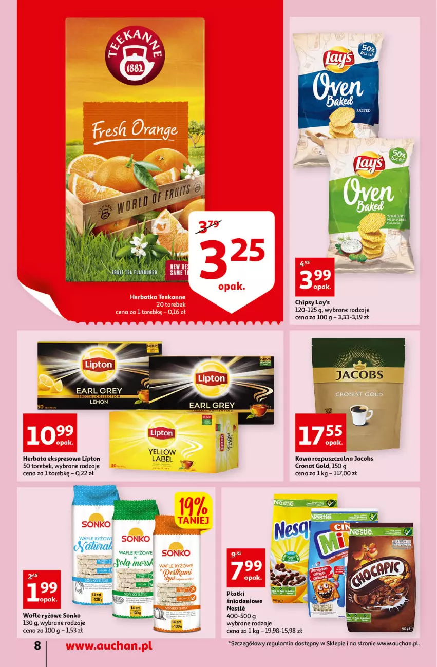 Gazetka promocyjna Auchan - przeNISKIE CENY przeWSPANIAŁE okazje Supermarkety - ważna 21.04 do 27.04.2022 - strona 8 - produkty: Chipsy, Danio, Herbata, Jacobs, Kawa, Kawa rozpuszczalna, Lipton, Ryż, Sonko, Wafle