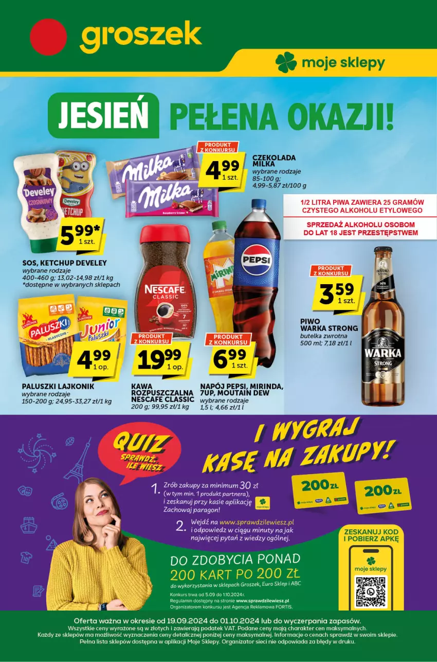 Gazetka promocyjna ABC - ważna 19.09 do 01.10.2024 - strona 1 - produkty: 7up, Czekolada, Gra, Kawa, Ketchup, Lajkonik, Milka, Mirinda, Napój, Pepsi, Piwa, Piwo, Warka