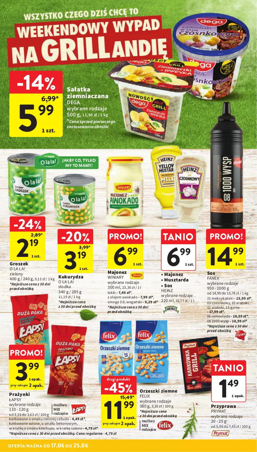 Gazetka promocyjna Intermarche - Gazetka Intermarche - ważna 17.06 do 25.06.2025 - strona 18 - produkty: Beko, Dega, Fa, Felix, Groszek, Gyros, Heinz, Ketchup, Kukurydza, Majonez, Mus, Musztarda, Olej, Orzeszki, Orzeszki ziemne, Prymat, Sałat, Sałatka, Sos, Winiary