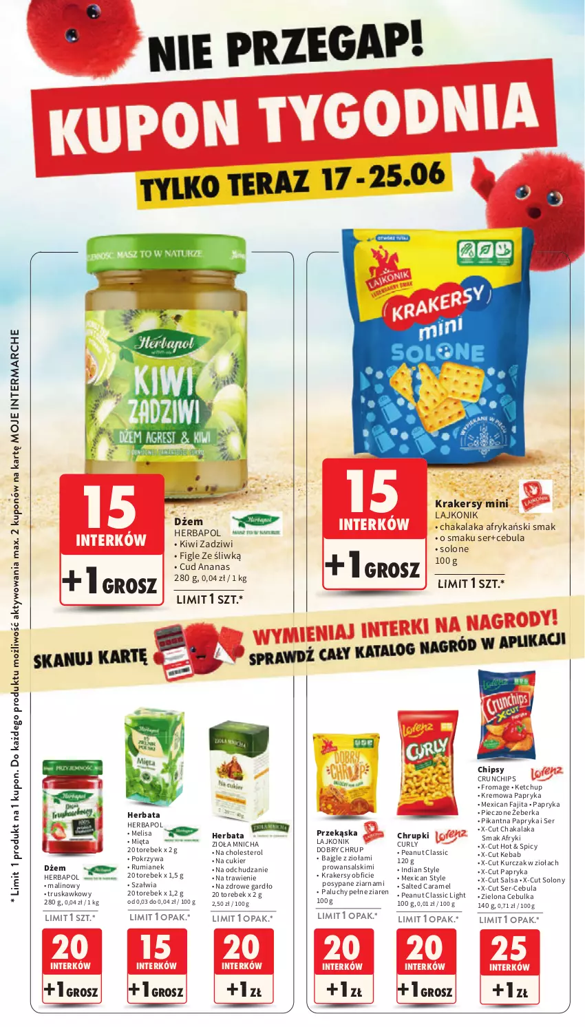 Gazetka promocyjna Intermarche - Gazetka Intermarche - ważna 17.06 do 25.06.2025 - strona 2 - produkty: Ananas, Bajgle, Cebula, Chipsy, Chrupki, Crunchips, Cukier, Dżem, Fa, Herbapol, Herbata, Kebab, Ketchup, Kiwi, Krakersy, Kurczak, Lajkonik, Mięta, Papryka, Piec, Rum, Salsa, Ser