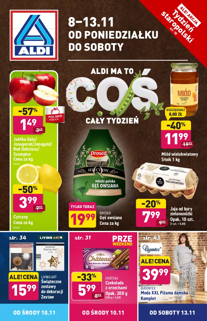 Gazetka promocyjna Aldi - ważna 08.11 do 13.11.2021 - strona 1 - produkty: Cytryny, Czekolada, Gala, Gęś owsiana, Jabłka, Jaja, Jonagold, Miód, Moda, Piżama, Queentex, Szampion, Tera