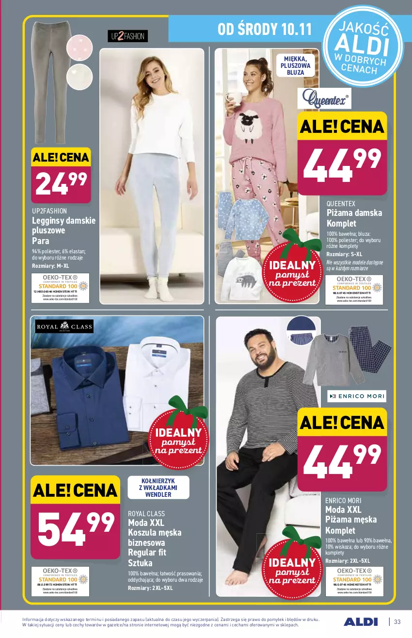 Gazetka promocyjna Aldi - ważna 08.11 do 13.11.2021 - strona 33 - produkty: Bluza, Fa, Gin, Kosz, Koszula, Legginsy, Moda, Piżama, Queentex, Wełna