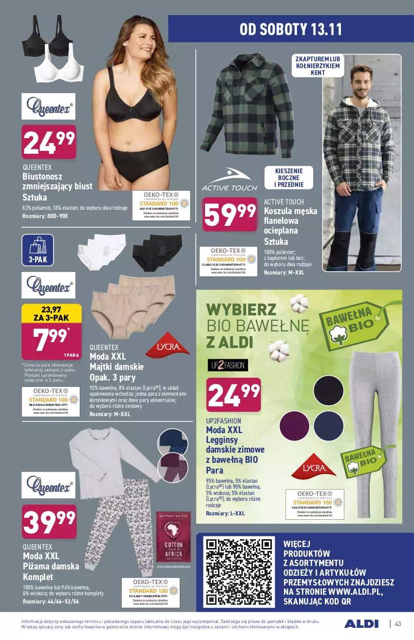 Gazetka promocyjna Aldi - ważna 08.11 do 13.11.2021 - strona 43 - produkty: Biustonosz, Fa, Gin, Kosz, Koszula, LANA, Legginsy, Majtki, Moda, Piżama, Queentex, Wełna