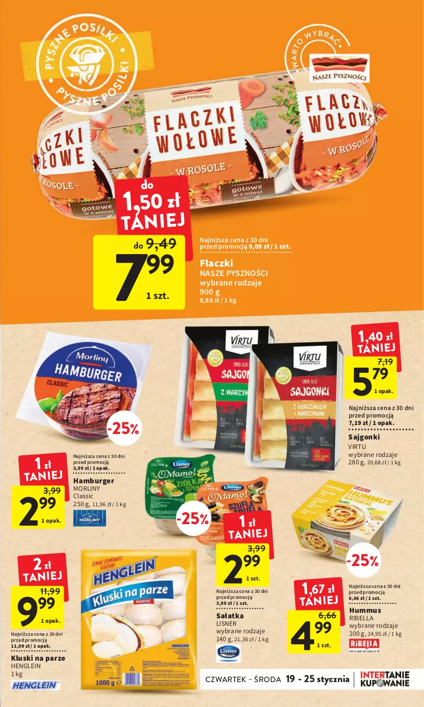 Gazetka promocyjna Intermarche - Gazetka Intermarche - ważna 19.01 do 25.01.2023 - strona 21 - produkty: Bell, Bella, Burger, Hamburger, Hummus, Kluski na parze, Lisner, Morliny, Mus, Sajgonki, Sałat, Sałatka, Virtu