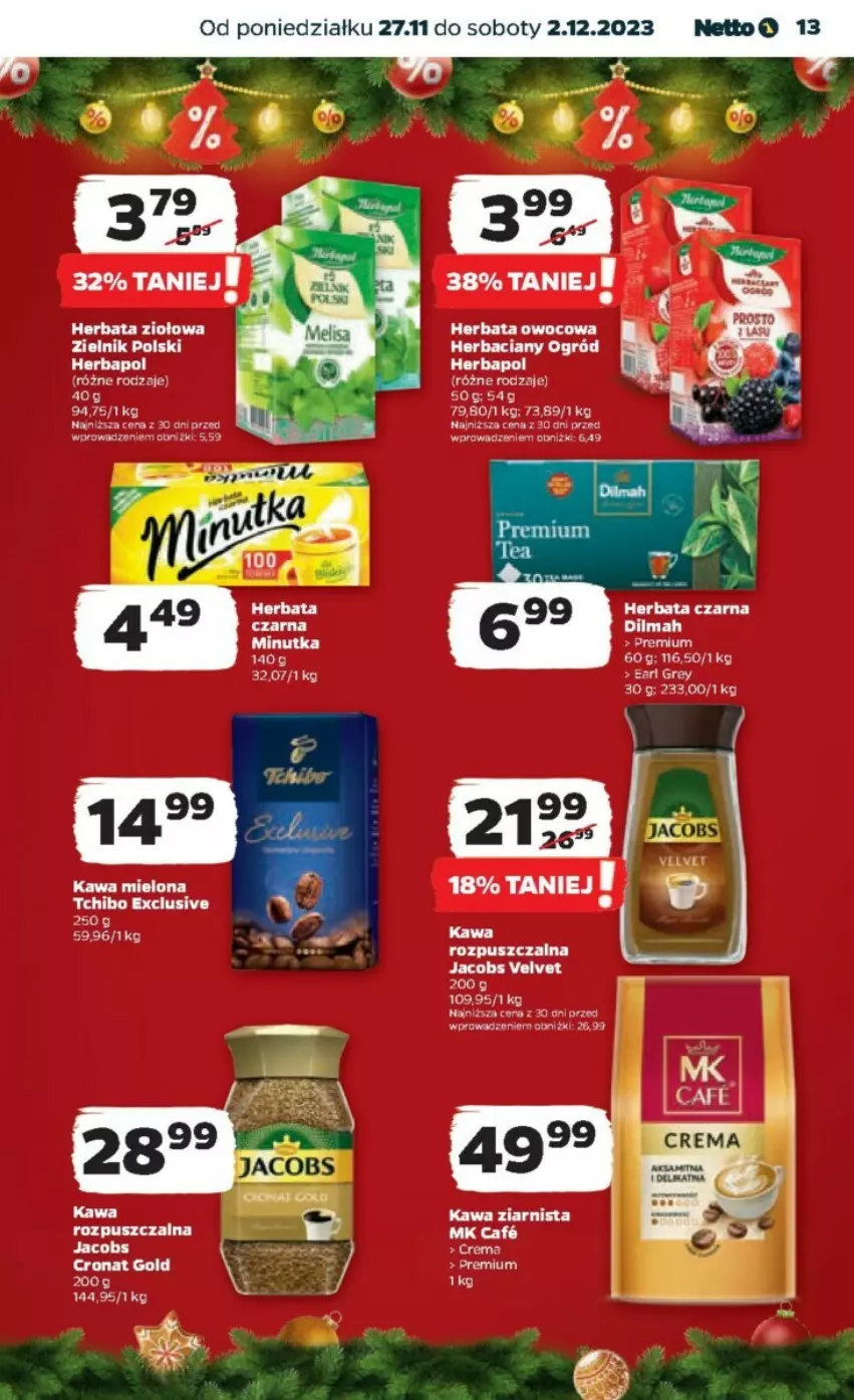 Gazetka promocyjna Netto - ważna 27.11 do 02.12.2023 - strona 5 - produkty: Dilmah, Earl Grey, Herbapol, Herbata, Herbata czarna, Herbata owocowa, Jacobs, Jacobs Velvet, Kawa, Kawa mielona, Kawa rozpuszczalna, Ogród, Velvet