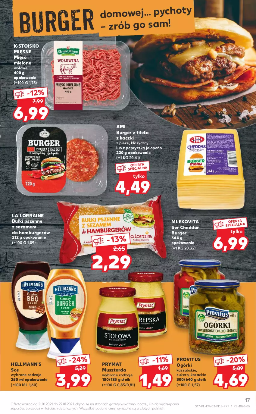 Gazetka promocyjna Kaufland - Promocje tygodnia - ważna 21.01 do 27.01.2021 - strona 17 - produkty: Burger, Cheddar, Hamburger, Mięso, Mięso mielone, Mleko, Mlekovita, Mus, Musztarda, Prymat, Ser, Sezam, Sos