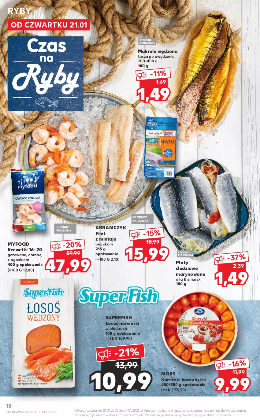 Gazetka promocyjna Kaufland - Promocje tygodnia - ważna 21.01 do 27.01.2021 - strona 18 - produkty: Filet z mintaja, Koreczki kaszubskie, Krewetki, Mintaj, Płaty śledziowe, Tusz