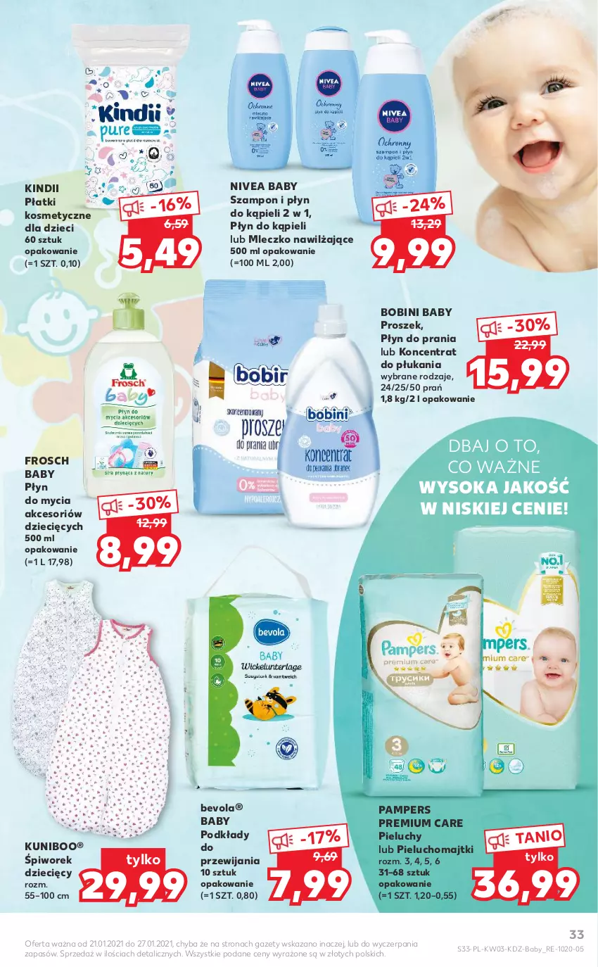 Gazetka promocyjna Kaufland - Promocje tygodnia - ważna 21.01 do 27.01.2021 - strona 33 - produkty: Dzieci, Frosch, Kindii, Majtki, Mleczko, Nivea, Nivea Baby, Pampers, Pieluchomajtki, Pieluchy, Piwo, Płatki kosmetyczne, Płyn do kąpieli, Płyn do mycia, Płyn do prania, Podkład, Sok, Szampon