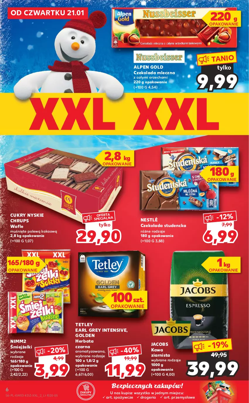 Gazetka promocyjna Kaufland - Promocje tygodnia - ważna 21.01 do 27.01.2021 - strona 6 - produkty: Czekolada, Czekolada mleczna, Earl Grey, Herbata, Herbata czarna, Jacobs, Kakao, Kawa, Kawa ziarnista, Nestlé, Nimm2, Piec, Tetley, Wafle