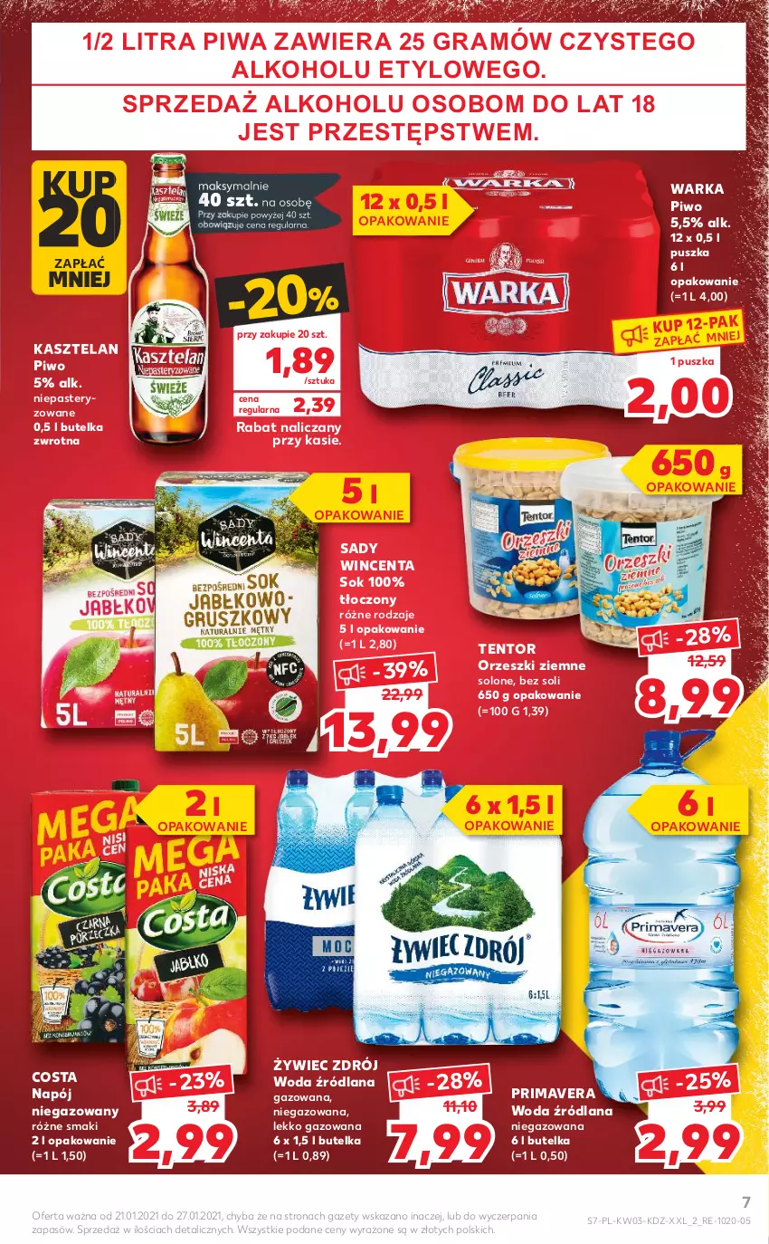 Gazetka promocyjna Kaufland - Promocje tygodnia - ważna 21.01 do 27.01.2021 - strona 7 - produkty: Gra, Kasztelan, LANA, Napój, Napój niegazowany, Orzeszki, Orzeszki ziemne, Piwa, Piwo, Prima, Primavera, Sok, Warka, Woda