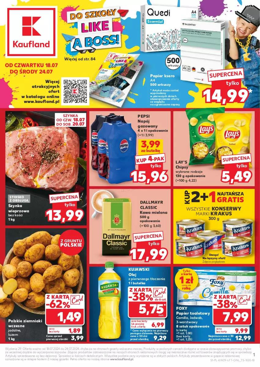 Gazetka promocyjna Kaufland - Gazetka tygodnia - ważna 18.07 do 24.07.2024 - strona 1 - produkty: Chipsy, Dallmayr, Foxy, Gra, Grunt, Kawa, Kawa mielona, Krakus, Kujawski, Lay’s, Napój, Napój gazowany, Olej, Papier, Papier toaletowy, Pepsi, Ser, Szynka, Szynka wieprzowa, Waga, Ziemniaki