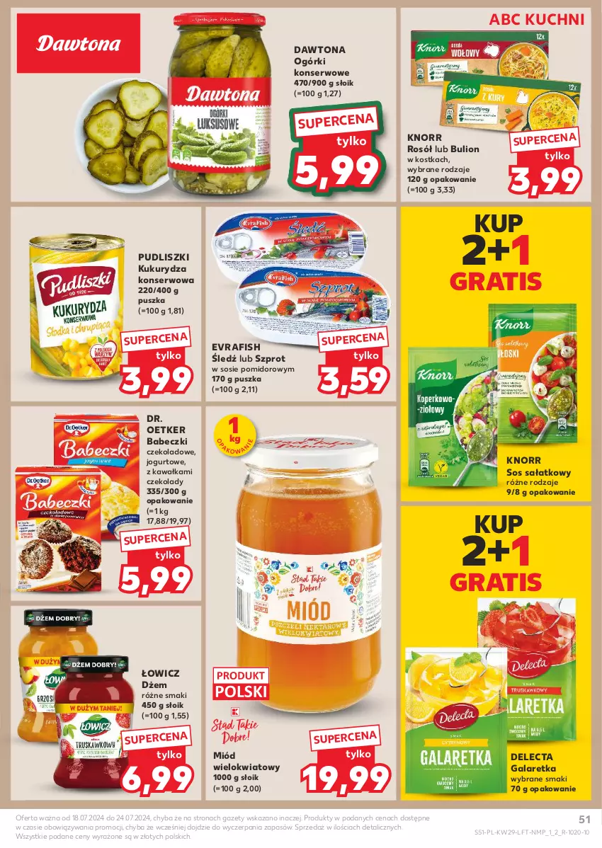 Gazetka promocyjna Kaufland - Gazetka tygodnia - ważna 18.07 do 24.07.2024 - strona 51 - produkty: Babeczki, Bulion, Dawtona, Delecta, Dr. Oetker, Dżem, Gala, Galaretka, Gra, Jogurt, Kawa, Knorr, Kukurydza, Kukurydza konserwowa, Lion, Miód, Ogórki konserwowe, Pudliszki, Rosół, Sałat, Ser, Sos, Szprot, Szprot w sosie