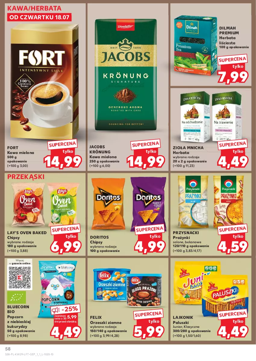 Gazetka promocyjna Kaufland - Gazetka tygodnia - ważna 18.07 do 24.07.2024 - strona 58 - produkty: Beko, Chipsy, Dilmah, Felix, Herbata, Jacobs, Jacobs Krönung, Kawa, Kawa mielona, Lajkonik, Lay’s, Orzeszki, Orzeszki ziemne, Popcorn, Przysnacki